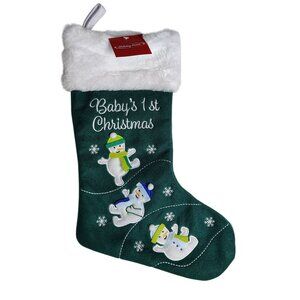 Holiday Home Babys 1st Christmas Green Embroidered Holiday Stocking With Snowmen